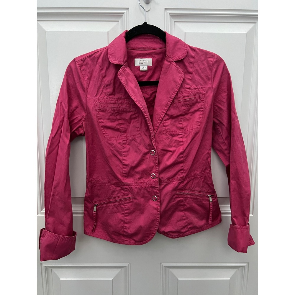 Ann Taylor LOFT Magenta Pink Utility Blazer Jacket Size 2 Long Sleeve Cotton